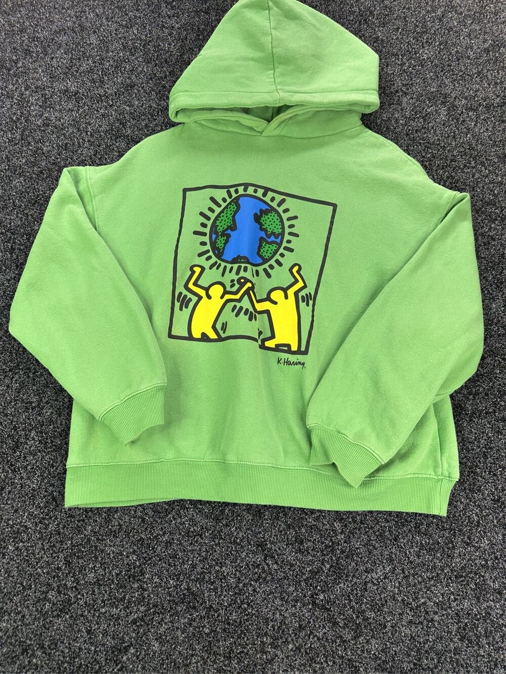 Keith Haring Hoodie Men Green Earth Graphic Pullover Sweatshirt